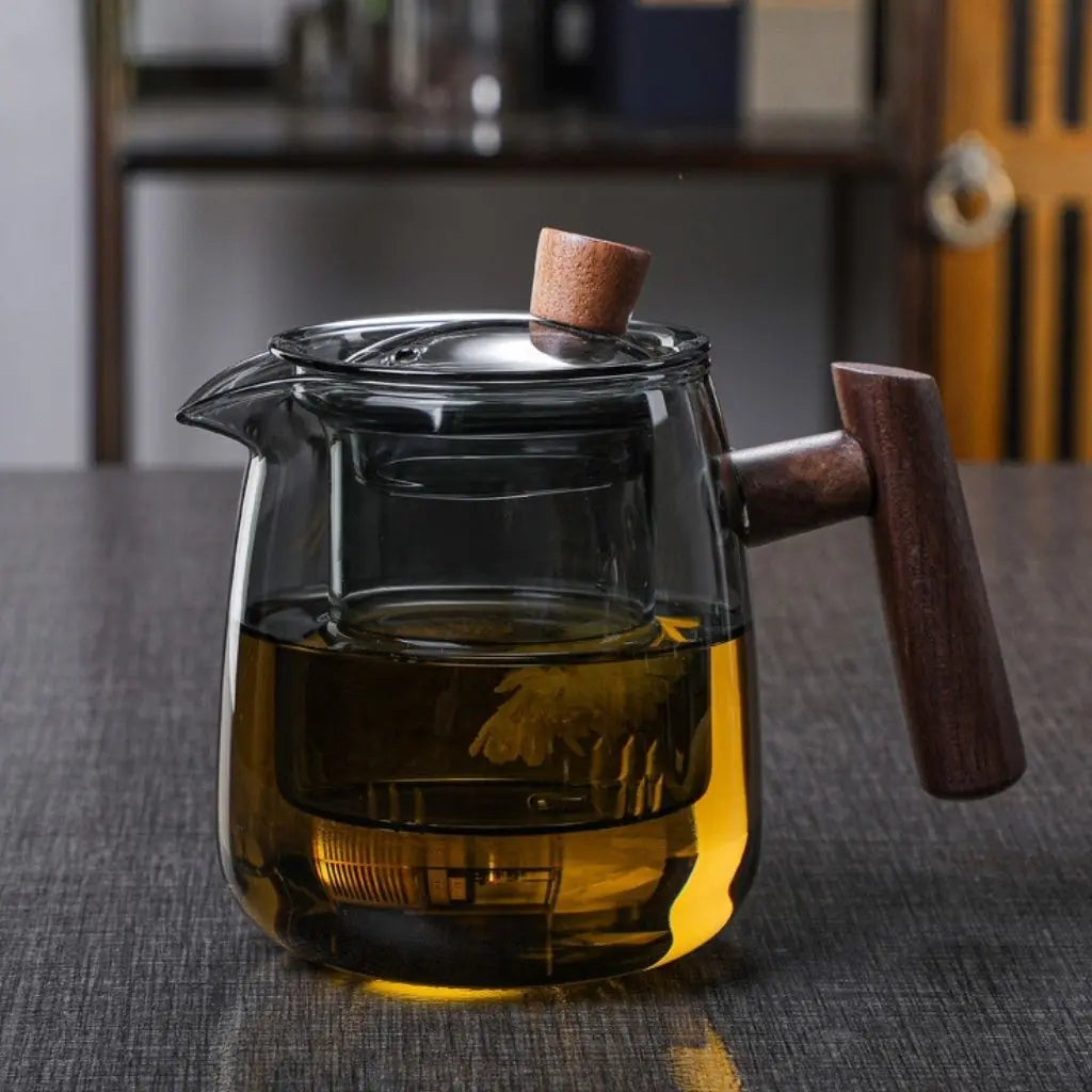 Tea Infuser Glass Teapot Borosilicate with Wooden Handle for Loose Leaf Brewing