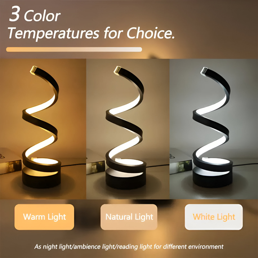 Table Lamp Spiral Design LED Desk Light with 3 Adjustable Colour Modes for Shelf