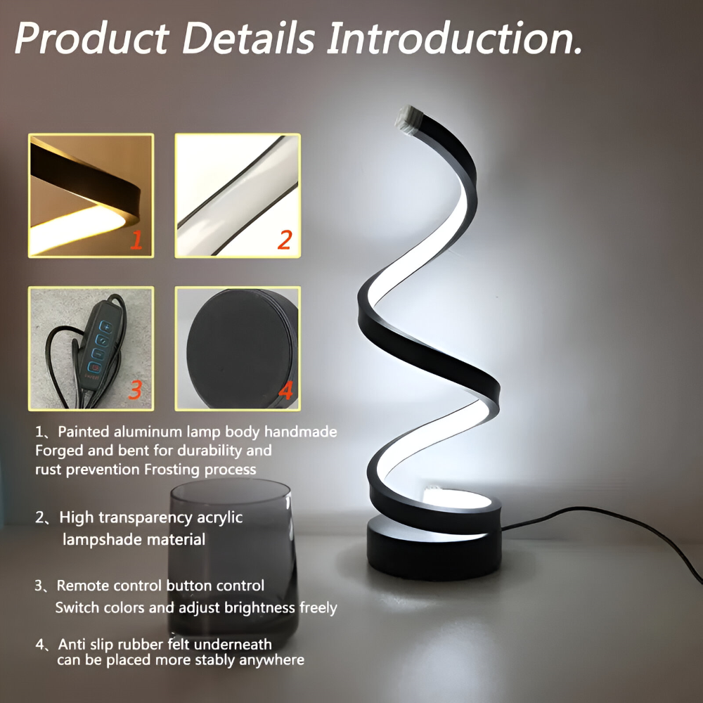 Table Lamp Spiral Design LED Desk Light with 3 Adjustable Colour Modes for Shelf