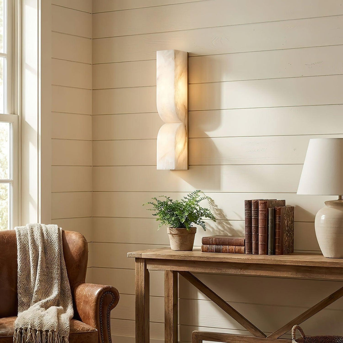 Wall Light Dimmable Sconce in Alabaster Finish with Soft LED Glow for Hallway