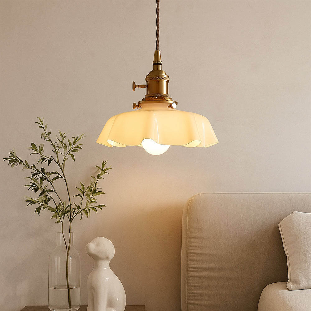 Ceiling Light French Pendant with Scalloped Cream Glass Shade and Brass Fitting