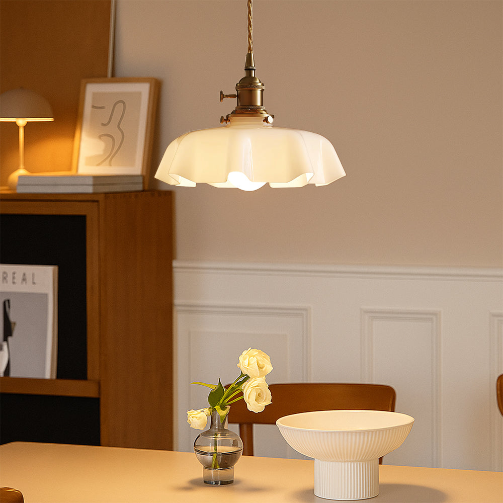 Ceiling Light French Pendant with Scalloped Cream Glass Shade and Brass Fitting