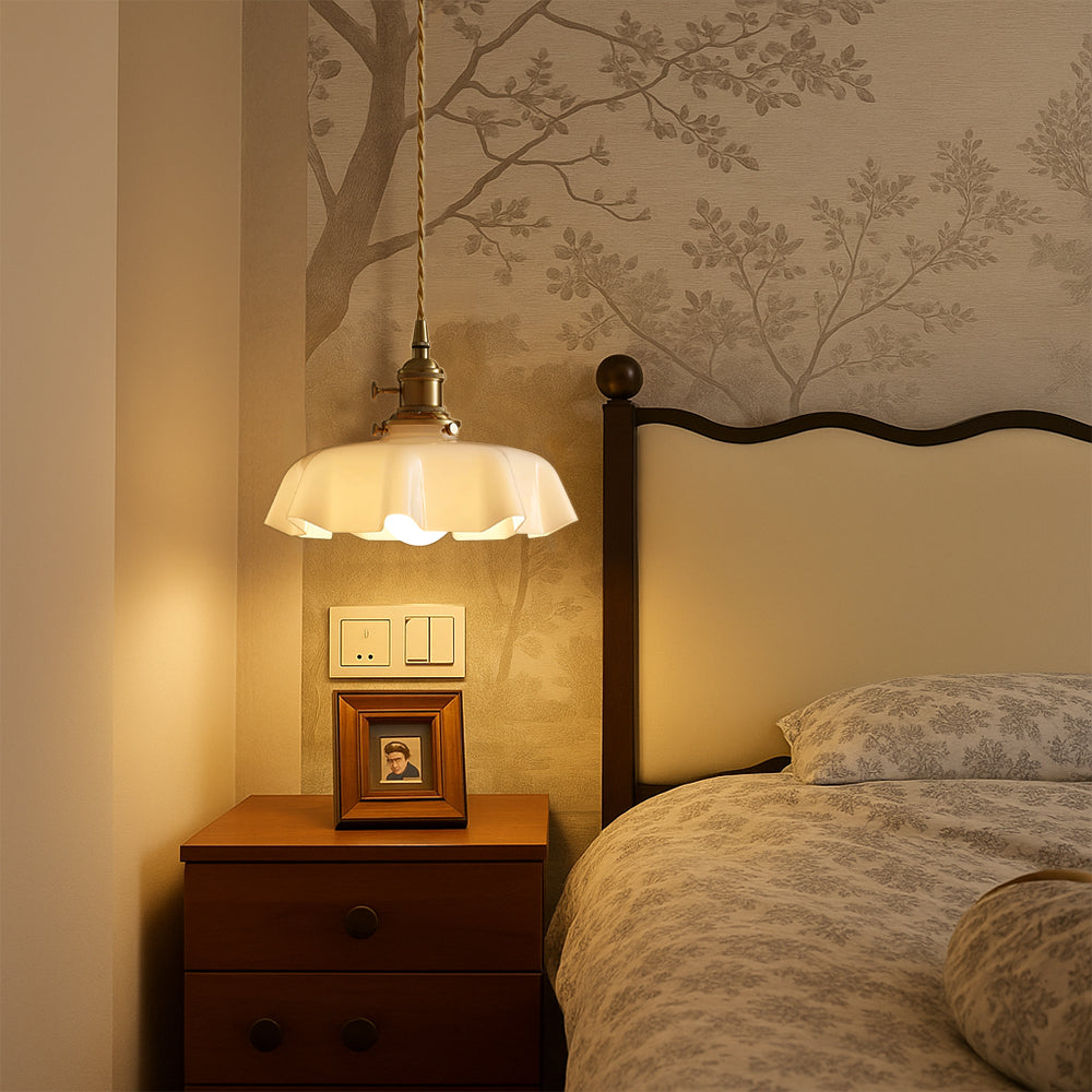 Ceiling Light French Pendant with Scalloped Cream Glass Shade and Brass Fitting