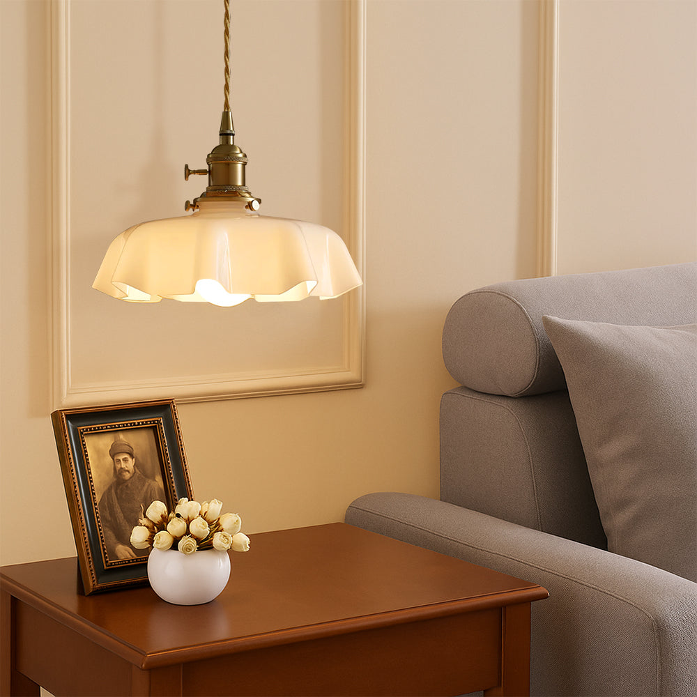 Ceiling Light French Pendant with Scalloped Cream Glass Shade and Brass Fitting