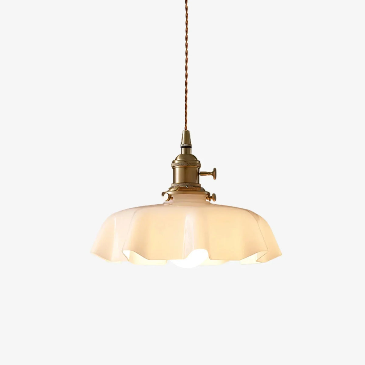 Ceiling Light French Pendant with Scalloped Cream Glass Shade and Brass Fitting