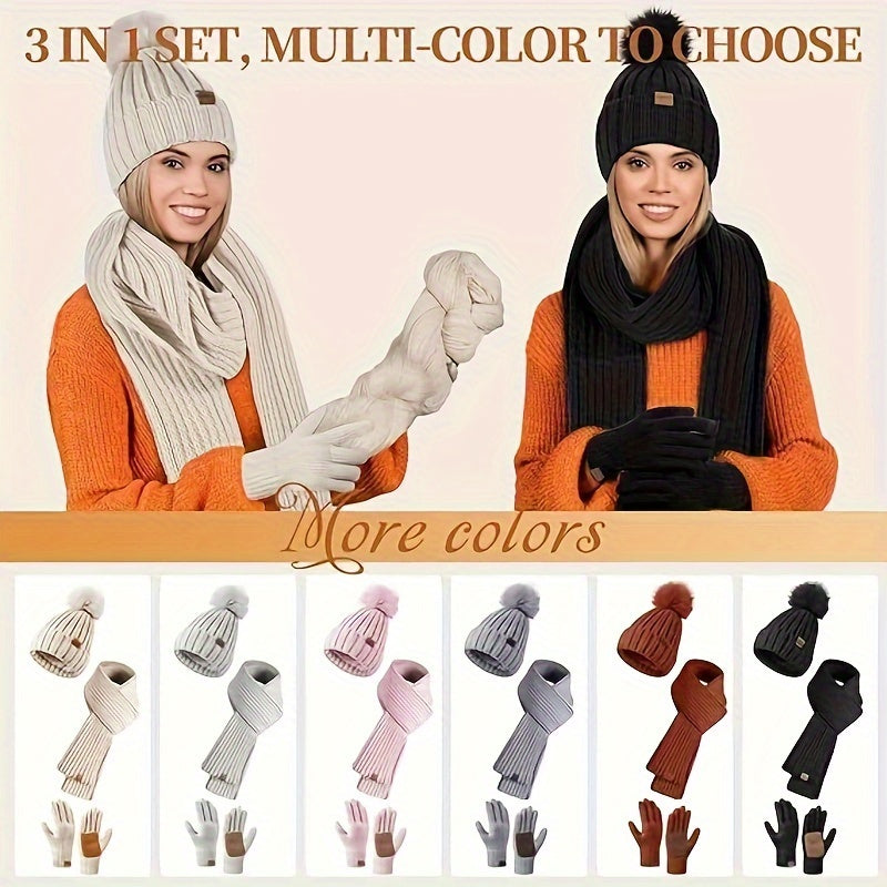 Winter Gloves Knit Hat and Scarf Set 3 Piece with Touchscreen Compatible Fingertips