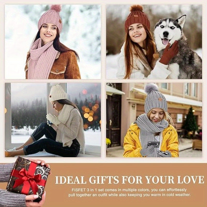 Winter Gloves Knit Hat and Scarf Set 3 Piece with Touchscreen Compatible Fingertips