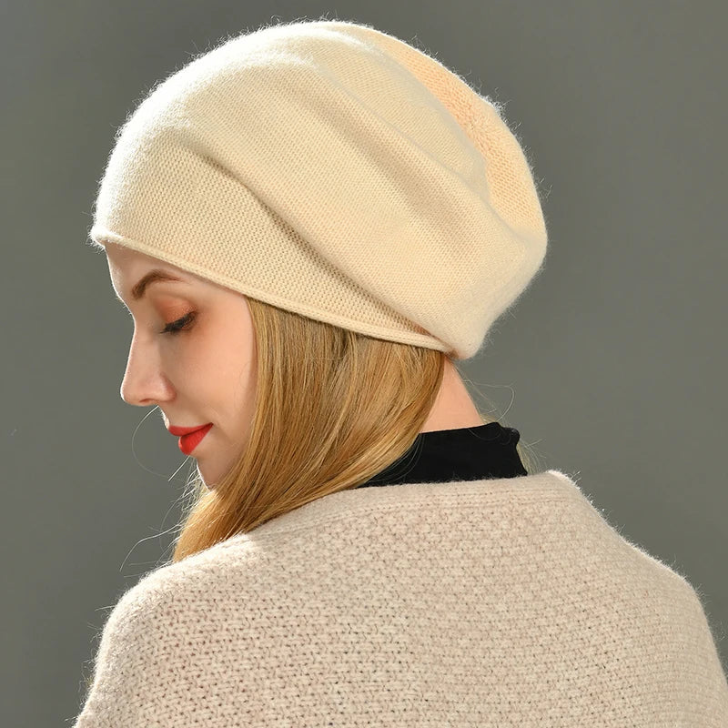 Cashmere Beanie Soft Knit Winter Hat for Women and Men with Ribbed Turn Up Cuff