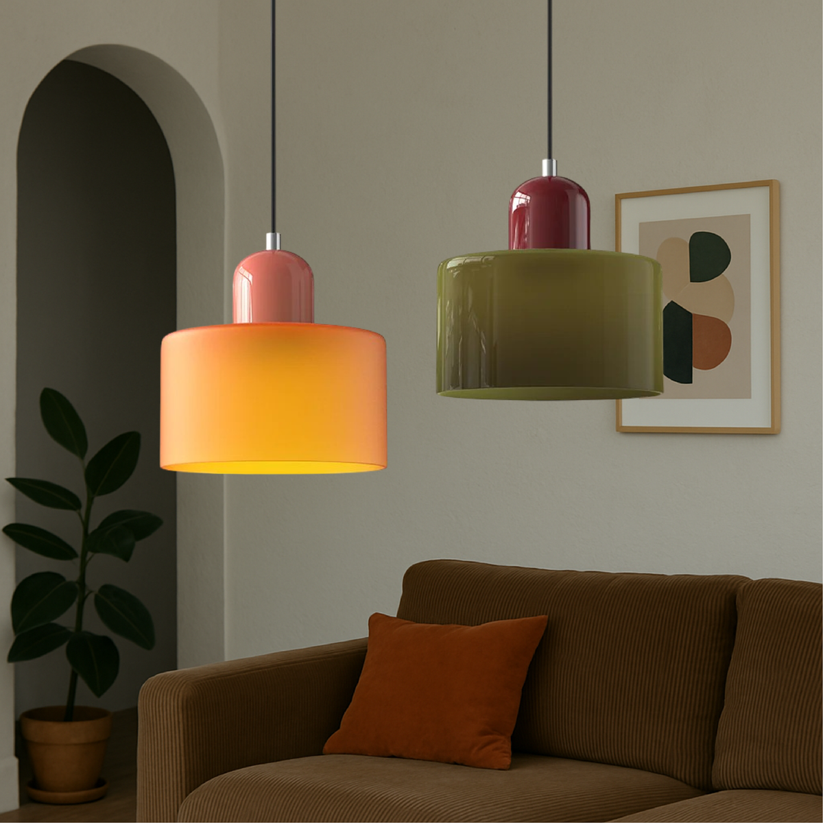 Pendant Light Ceiling with Coloured Glass Shade in Geometric Bauhaus Form for Dining Room
