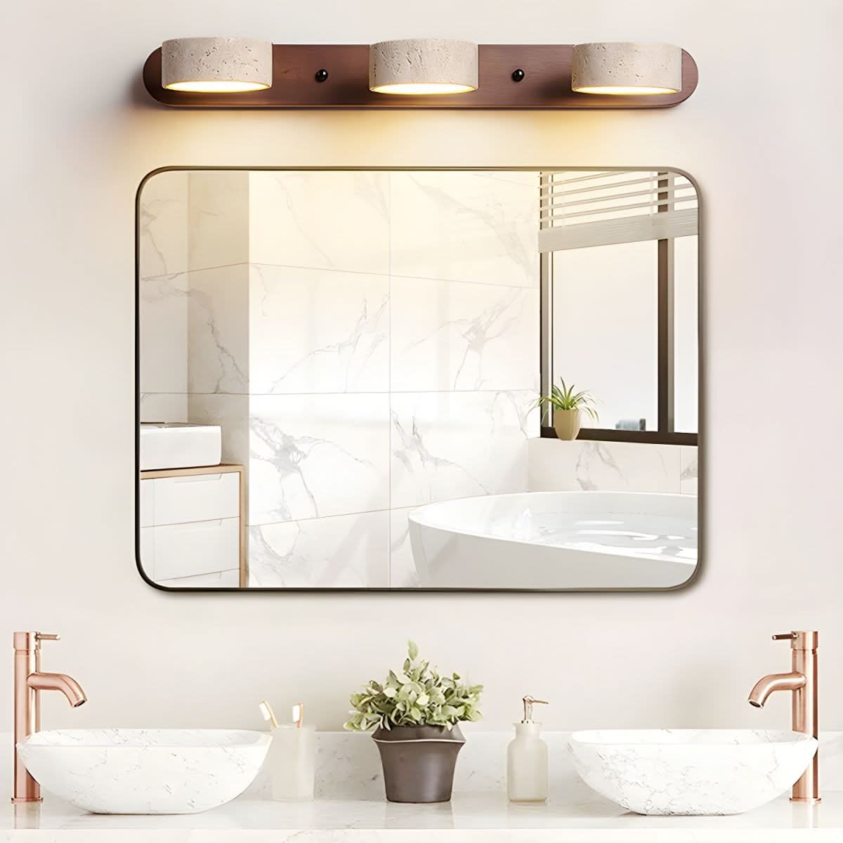 Wall Light LED with Natural Travertine Stone and Wood Accent for Living Room