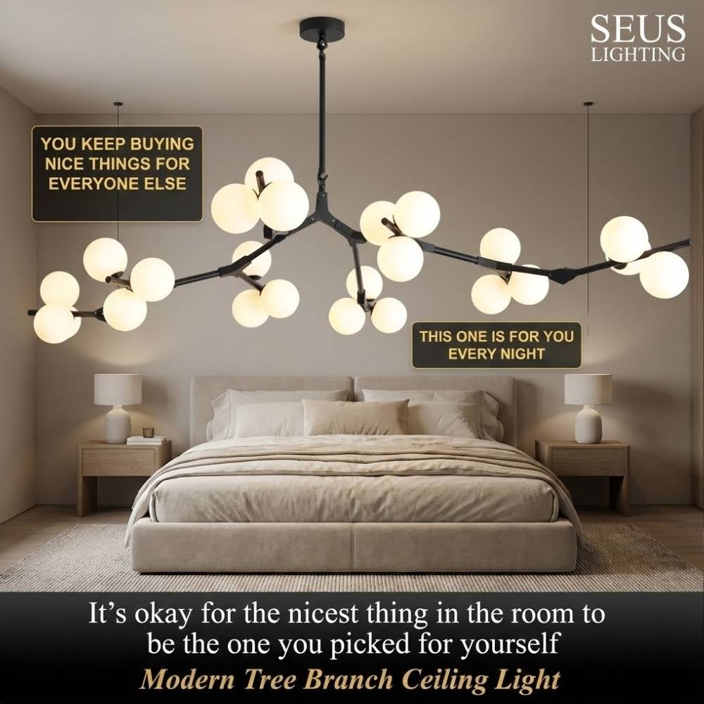 Ceiling Light Fixture Tree Branch Design with White Glass Globes for Sloped Rooms