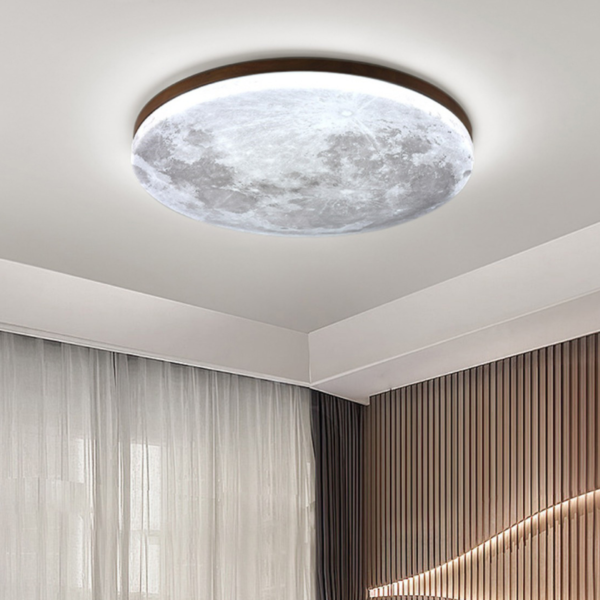 Ceiling Light Moon Design with Wood Frame for Bedroom Living Room and Dining Area