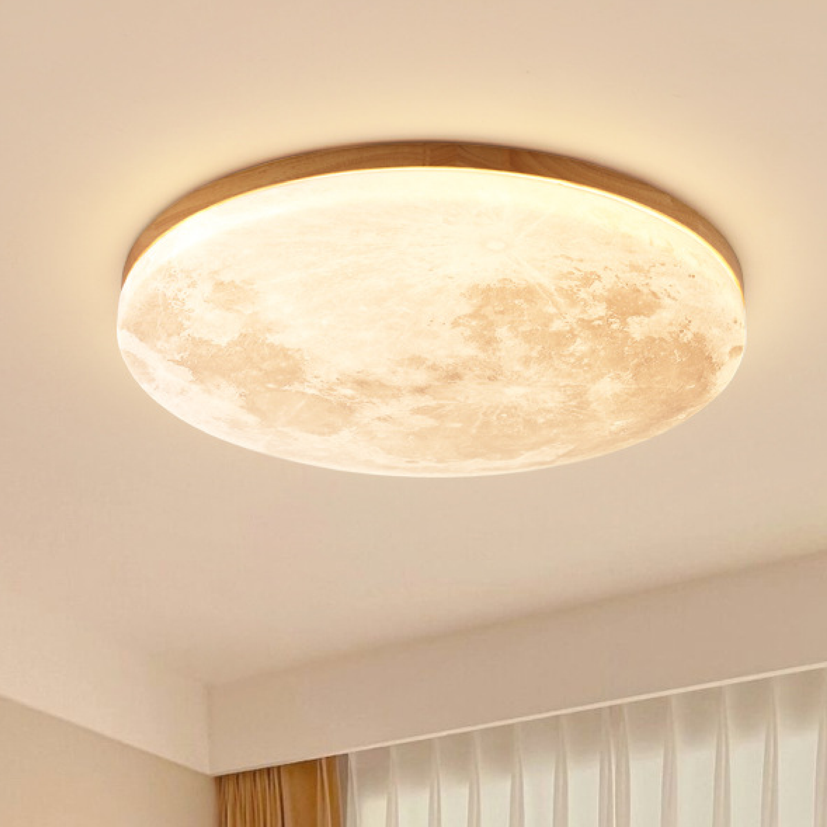 Ceiling Light Moon Design with Wood Frame for Bedroom Living Room and Dining Area