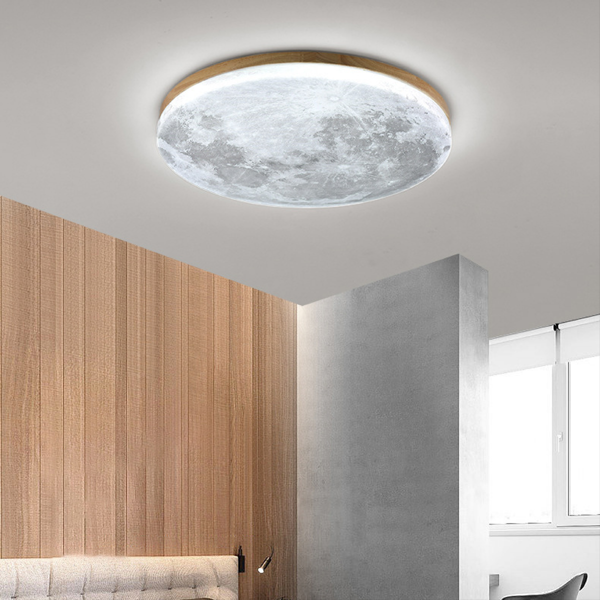 Ceiling Light Moon Design with Wood Frame for Bedroom Living Room and Dining Area