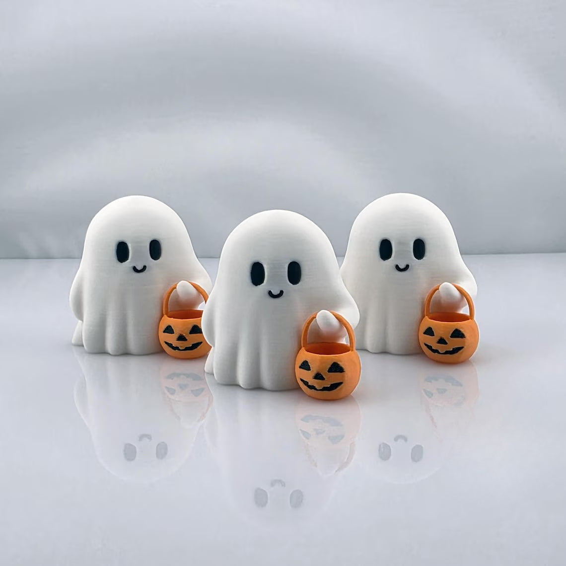 Halloween Decorations Cute Ghost Figurine Set of Three with Pumpkin Accents for Desks and Shelves
