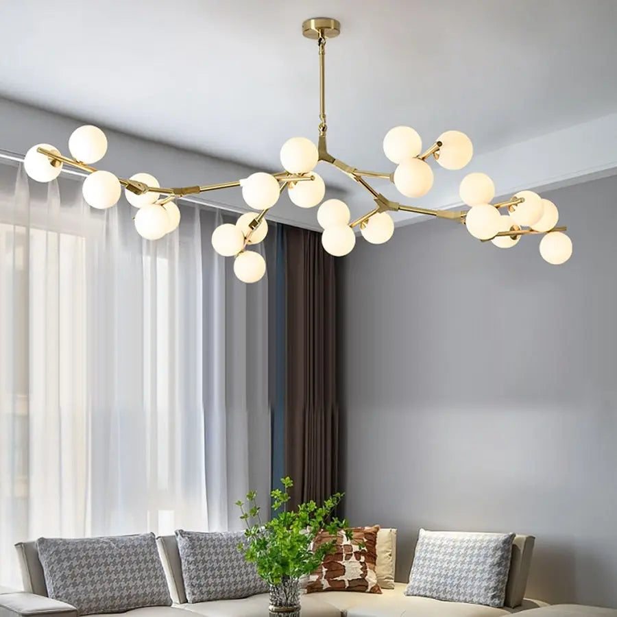Ceiling Light Fixture Tree Branch Design with White Glass Globes for Sloped Rooms