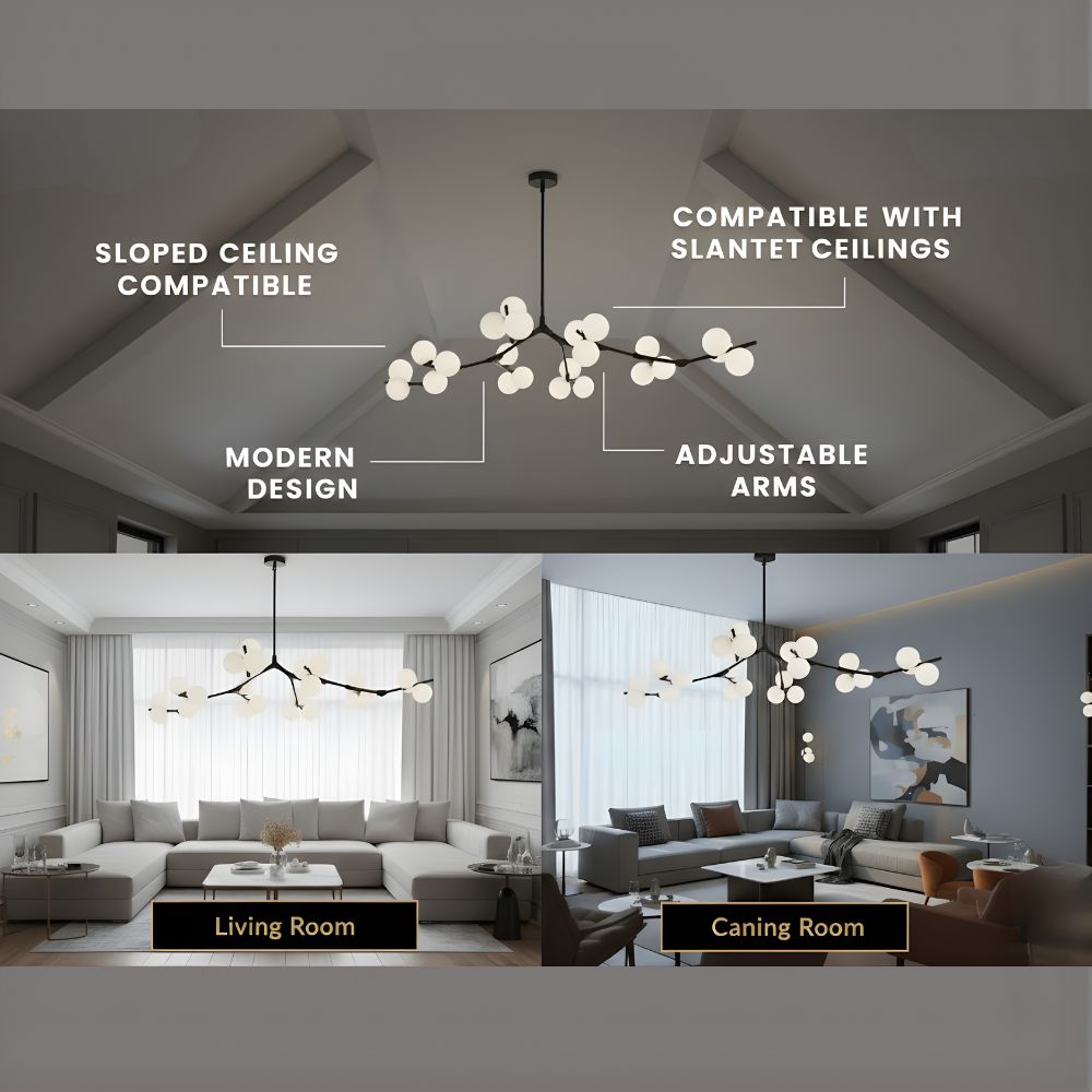 Ceiling Light Fixture Tree Branch Design with White Glass Globes for Sloped Rooms