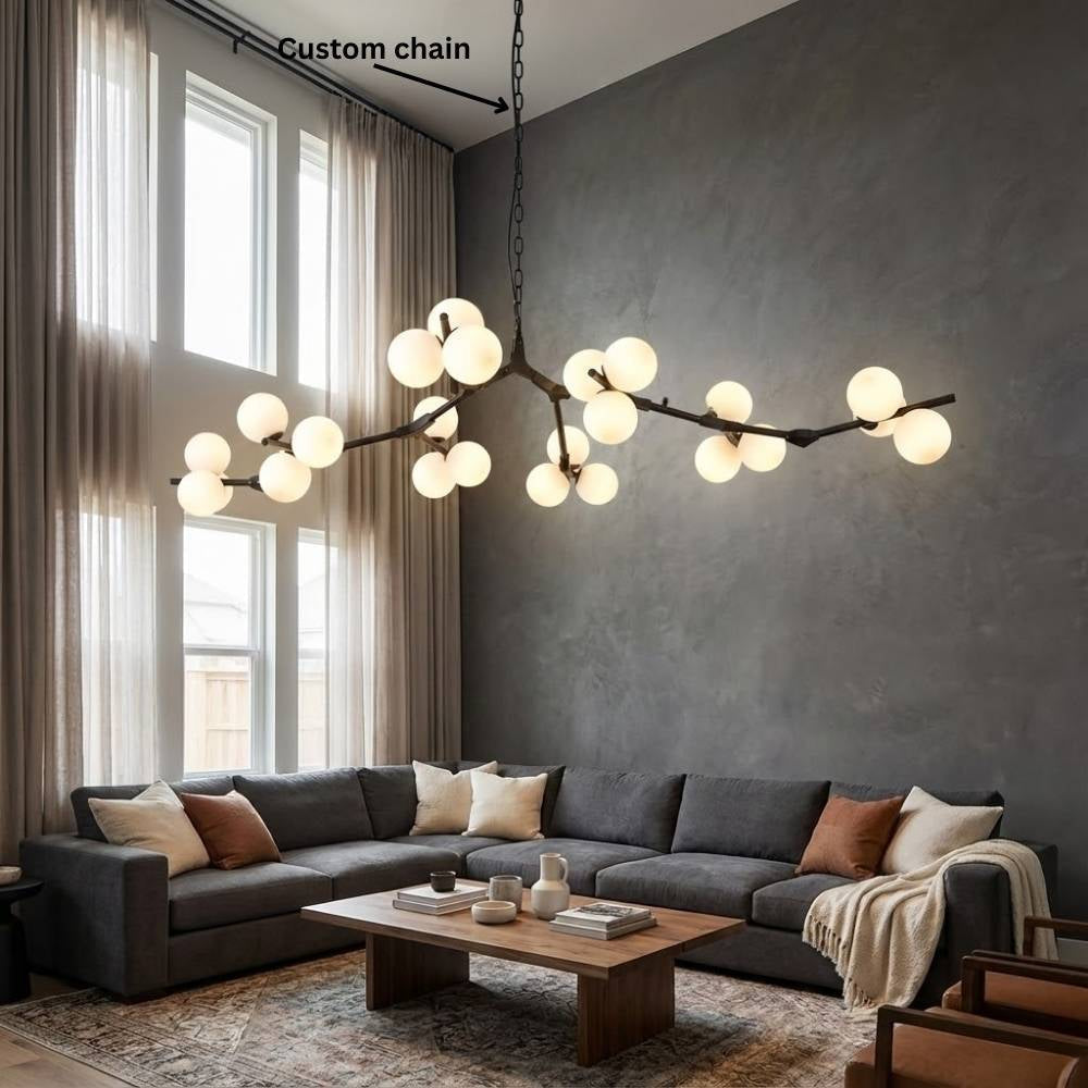 Ceiling Light Fixture Tree Branch Design with White Glass Globes for Sloped Rooms