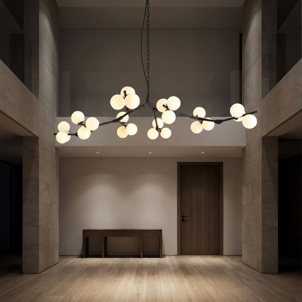 Ceiling Light Fixture Tree Branch Design with White Glass Globes for Sloped Rooms