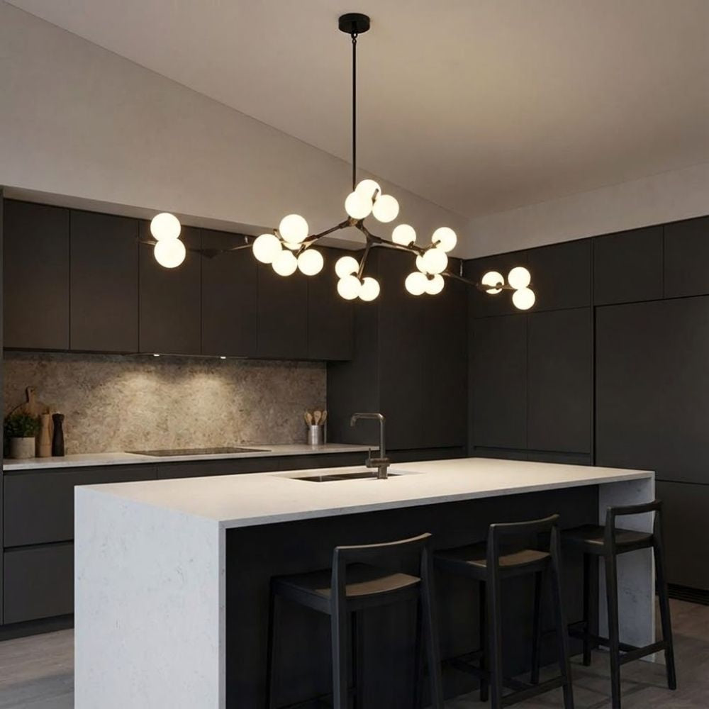 Ceiling Light Fixture Tree Branch Design with White Glass Globes for Sloped Rooms