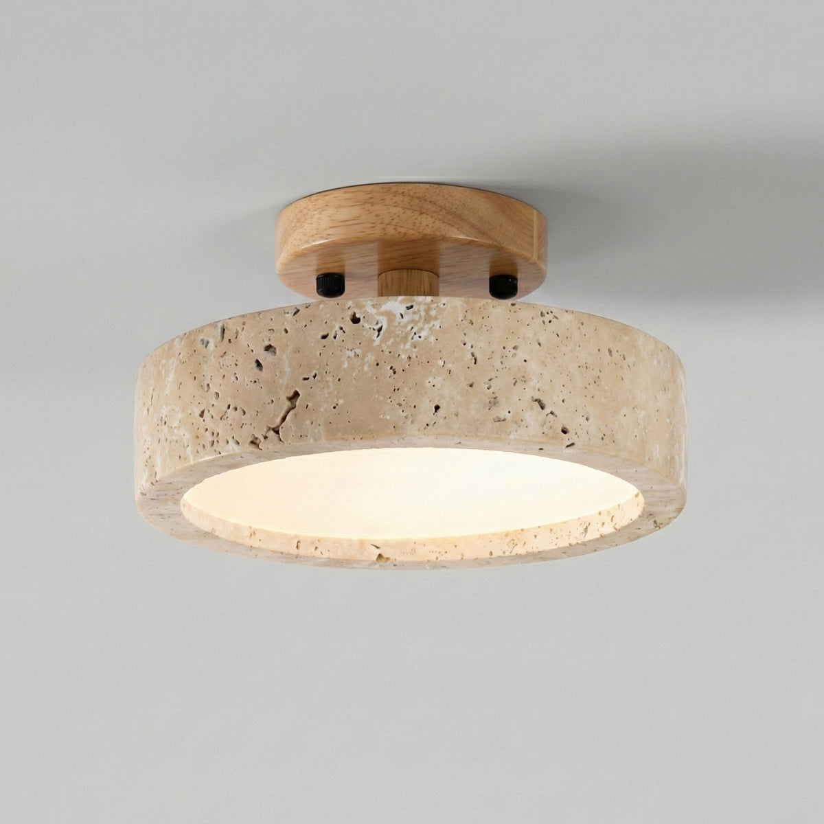 Ceiling Light Round Travertine Japanese Flush Mount with Layered Canopy Design