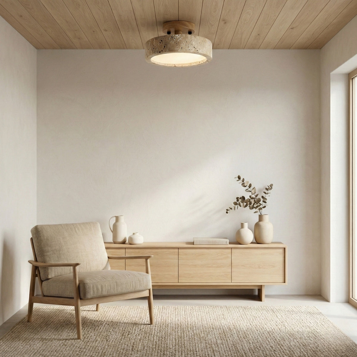 Ceiling Light Round Travertine Japanese Flush Mount with Layered Canopy Design