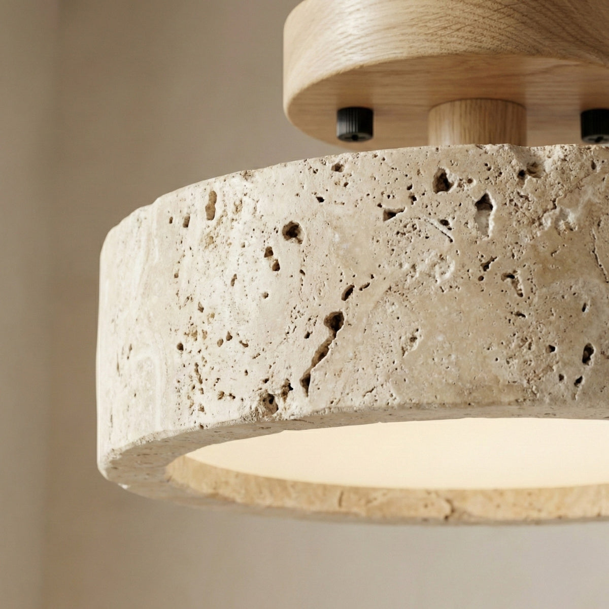 Ceiling Light Round Travertine Japanese Flush Mount with Layered Canopy Design