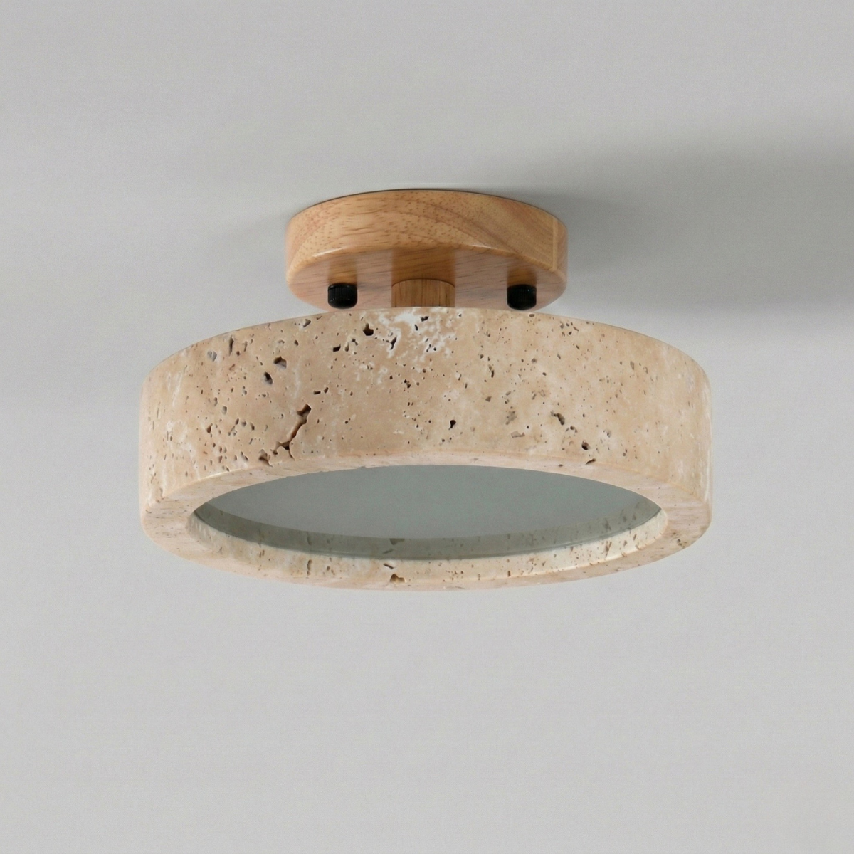 Ceiling Light Round Travertine Japanese Flush Mount with Layered Canopy Design