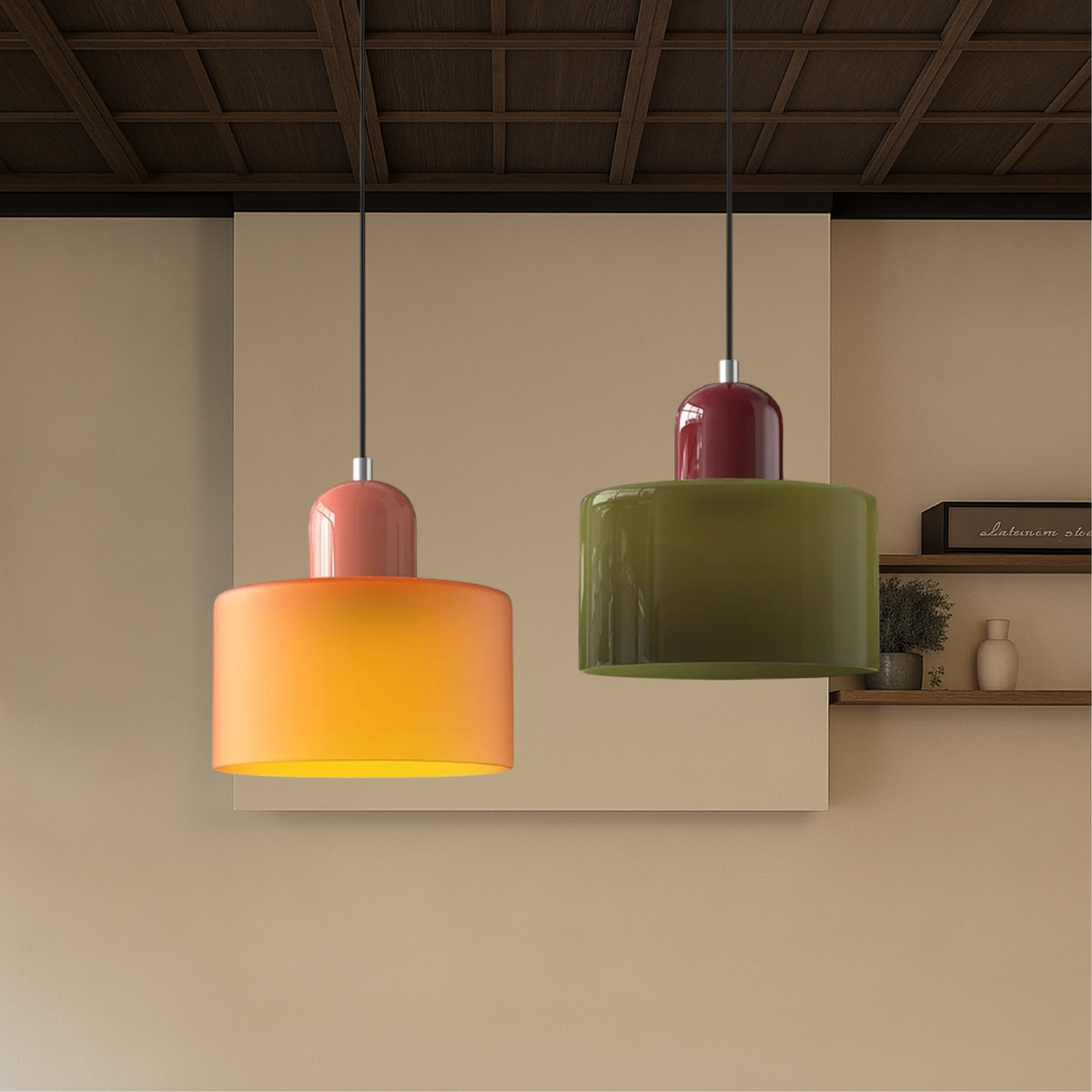 Pendant Light Ceiling with Coloured Glass Shade in Geometric Bauhaus Form for Dining Room