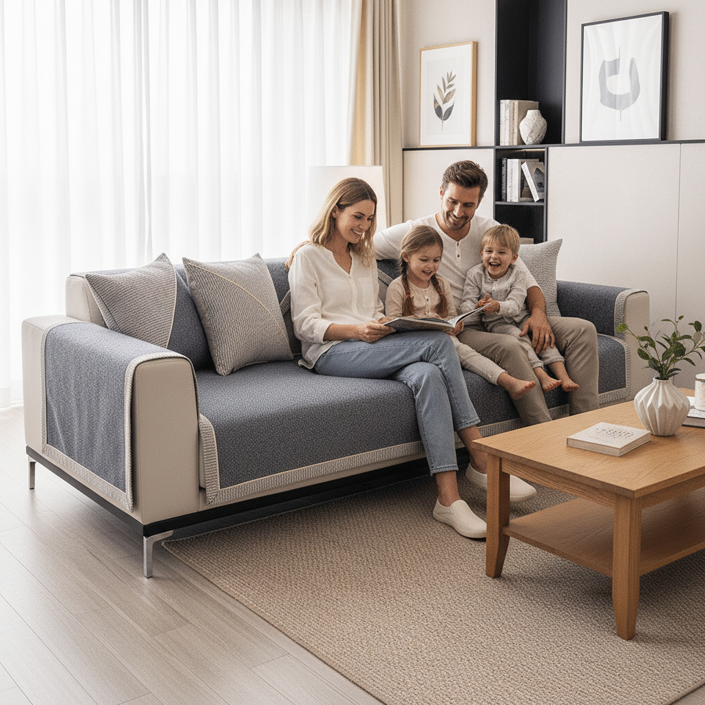 Sofa Cover Throw Blanket in Cotton Linen with Non Slip Backing for Year Round Use