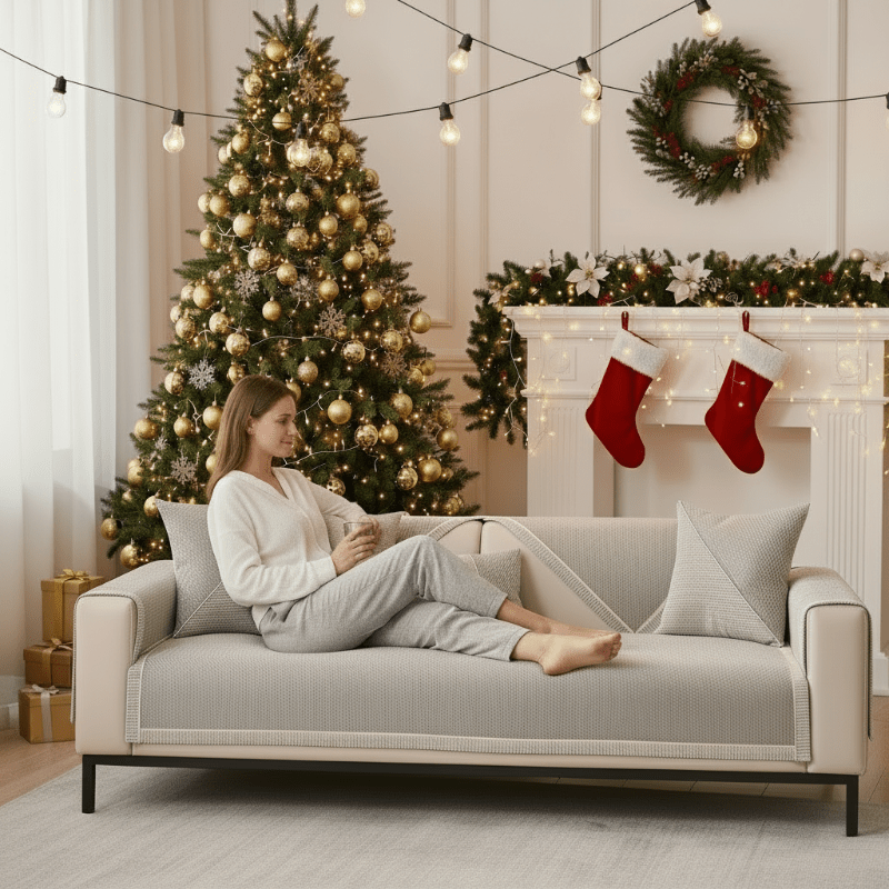 Sofa Cover Throw Blanket in Cotton Linen with Non Slip Backing for Year Round Use