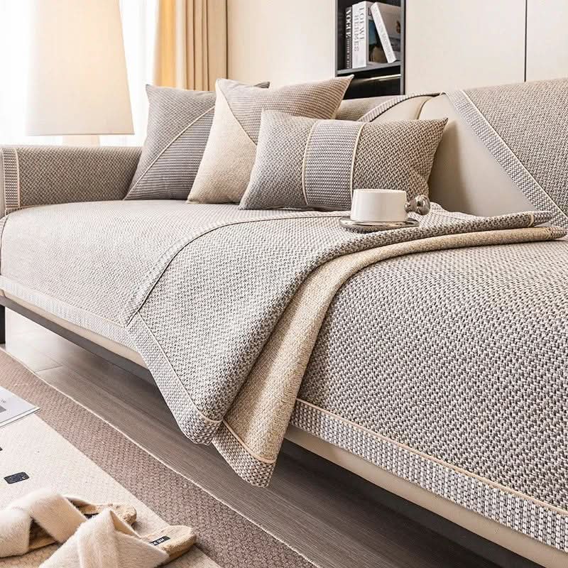 Sofa Cover Throw Blanket in Cotton Linen with Non Slip Backing for Year Round Use