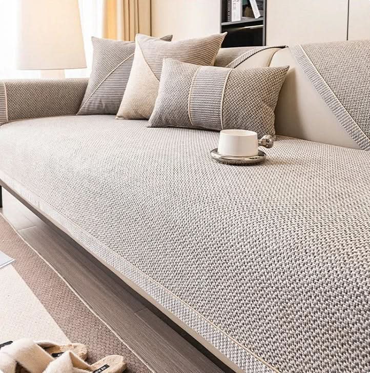 Sofa Cover Throw Blanket in Cotton Linen with Non Slip Backing for Year Round Use