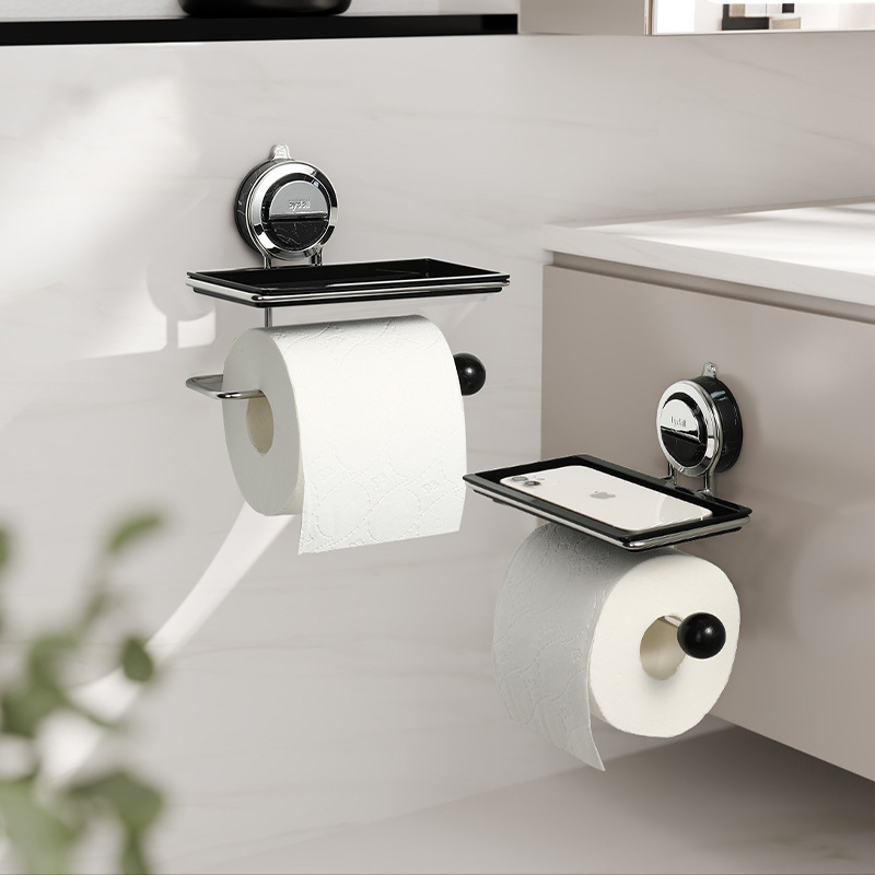 Toilet Paper Holder Stand No Drill Suction Mount in Stainless Steel with Wood Grain
