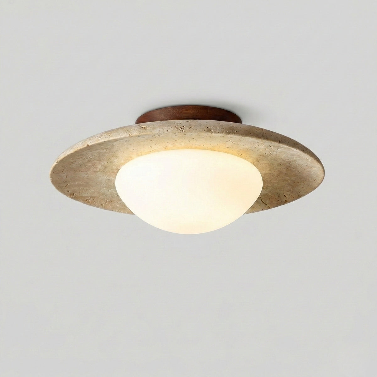 Ceiling Light Round Travertine Stone Flush Mount with Warm Diffused Glow