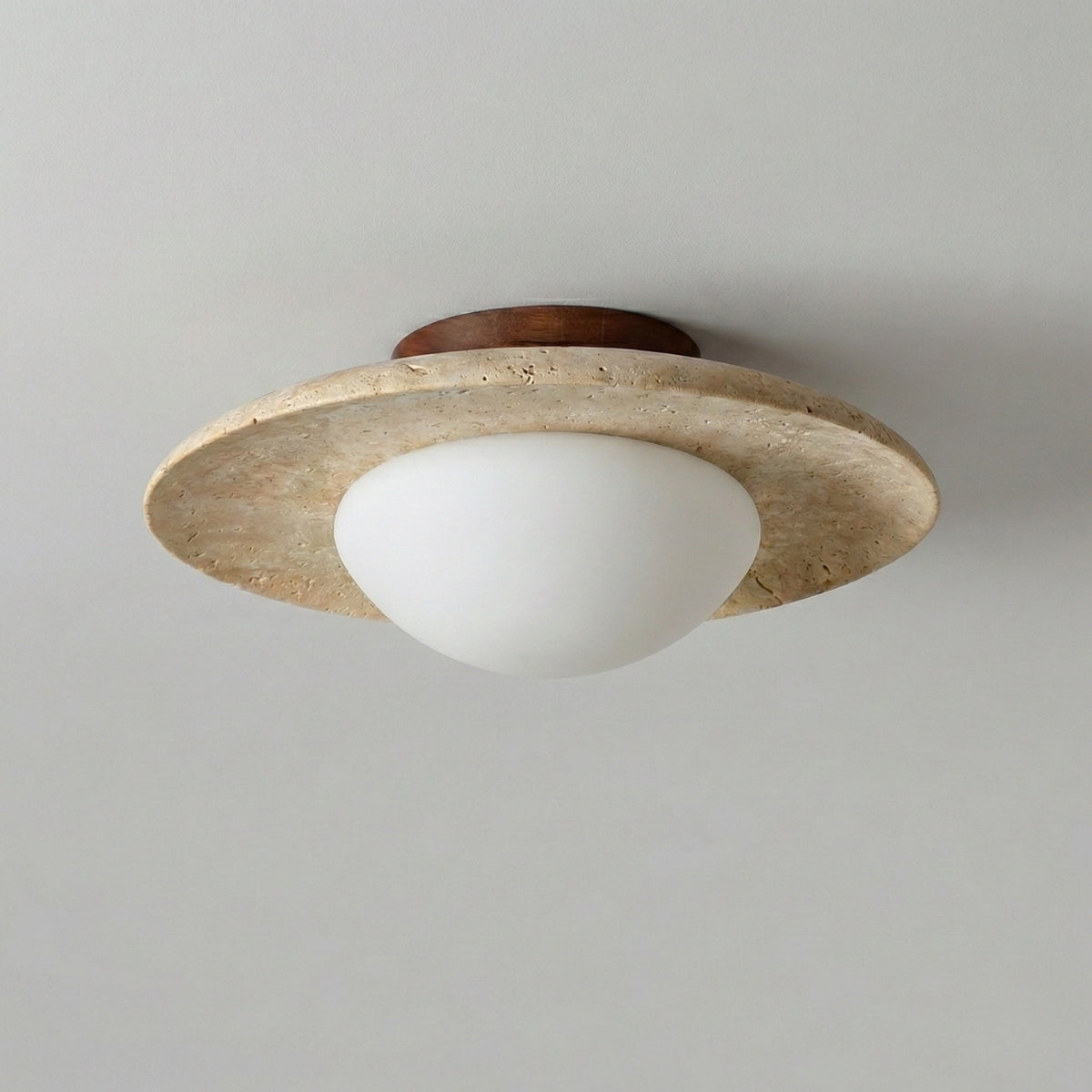 Ceiling Light Round Travertine Stone Flush Mount with Warm Diffused Glow