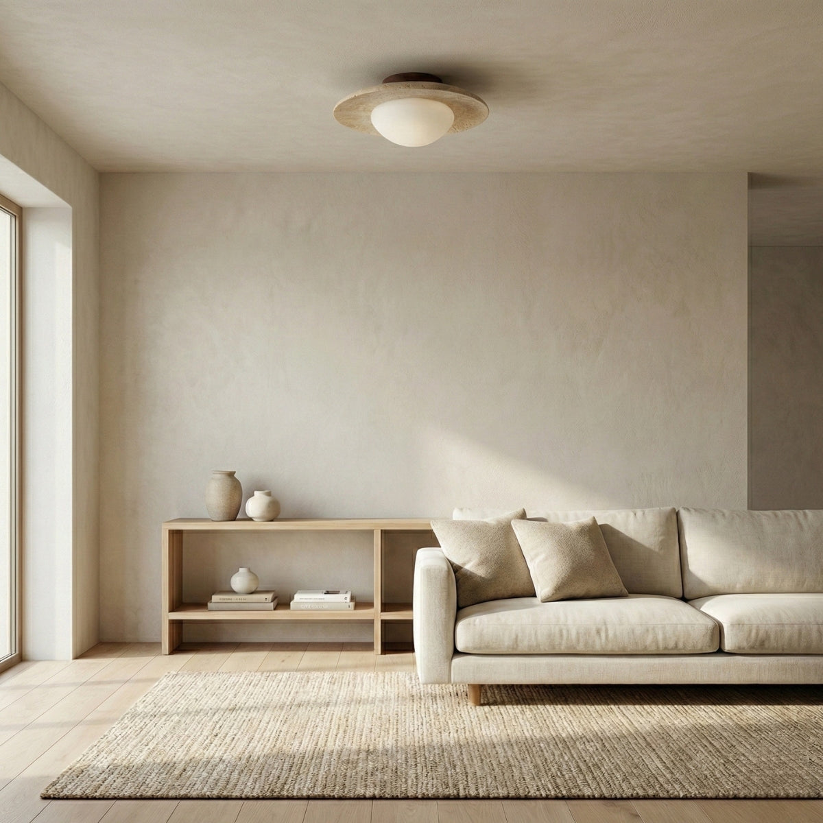 Ceiling Light Round Travertine Stone Flush Mount with Warm Diffused Glow