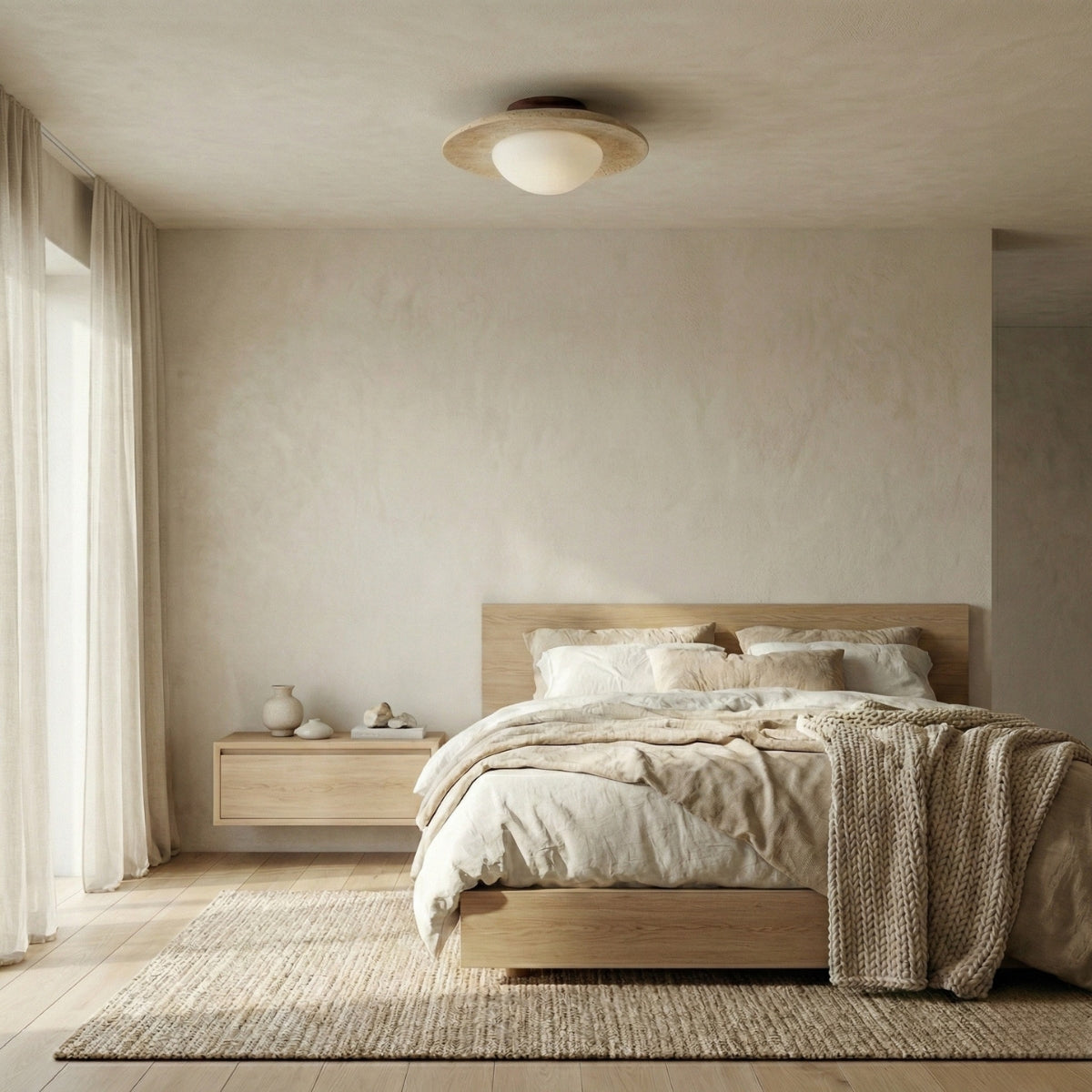 Ceiling Light Round Travertine Stone Flush Mount with Warm Diffused Glow