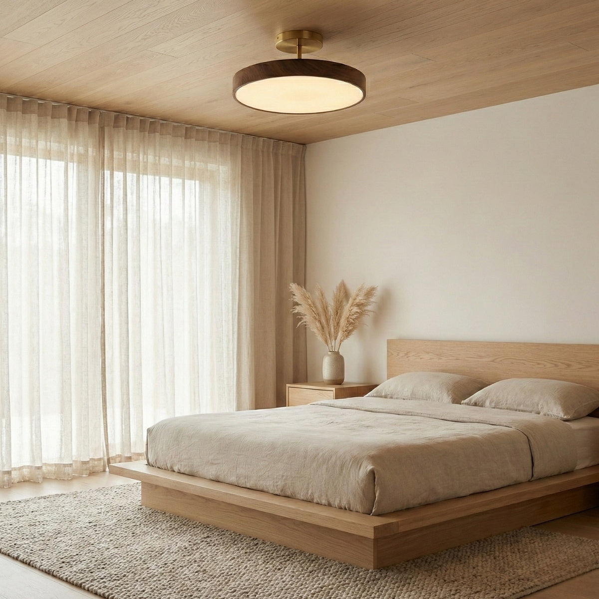 Ceiling Light Round Japanese Minimalist Drum Shade in Wood for Living Room