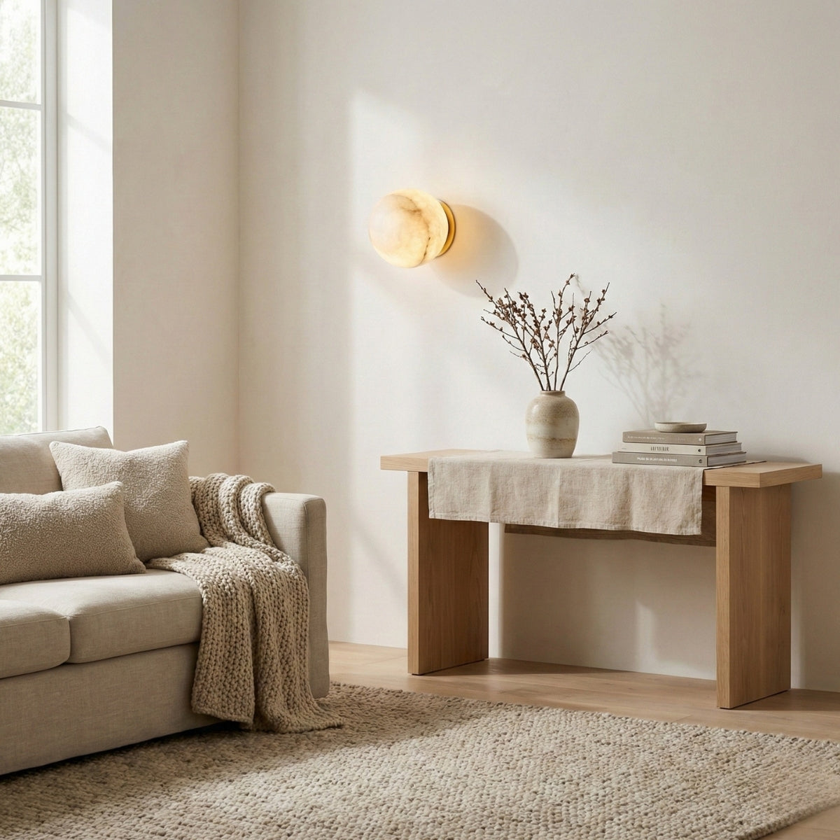 Wall Sconce Round Marble Lamp with Warm Glow and Slim Profile for Hallway