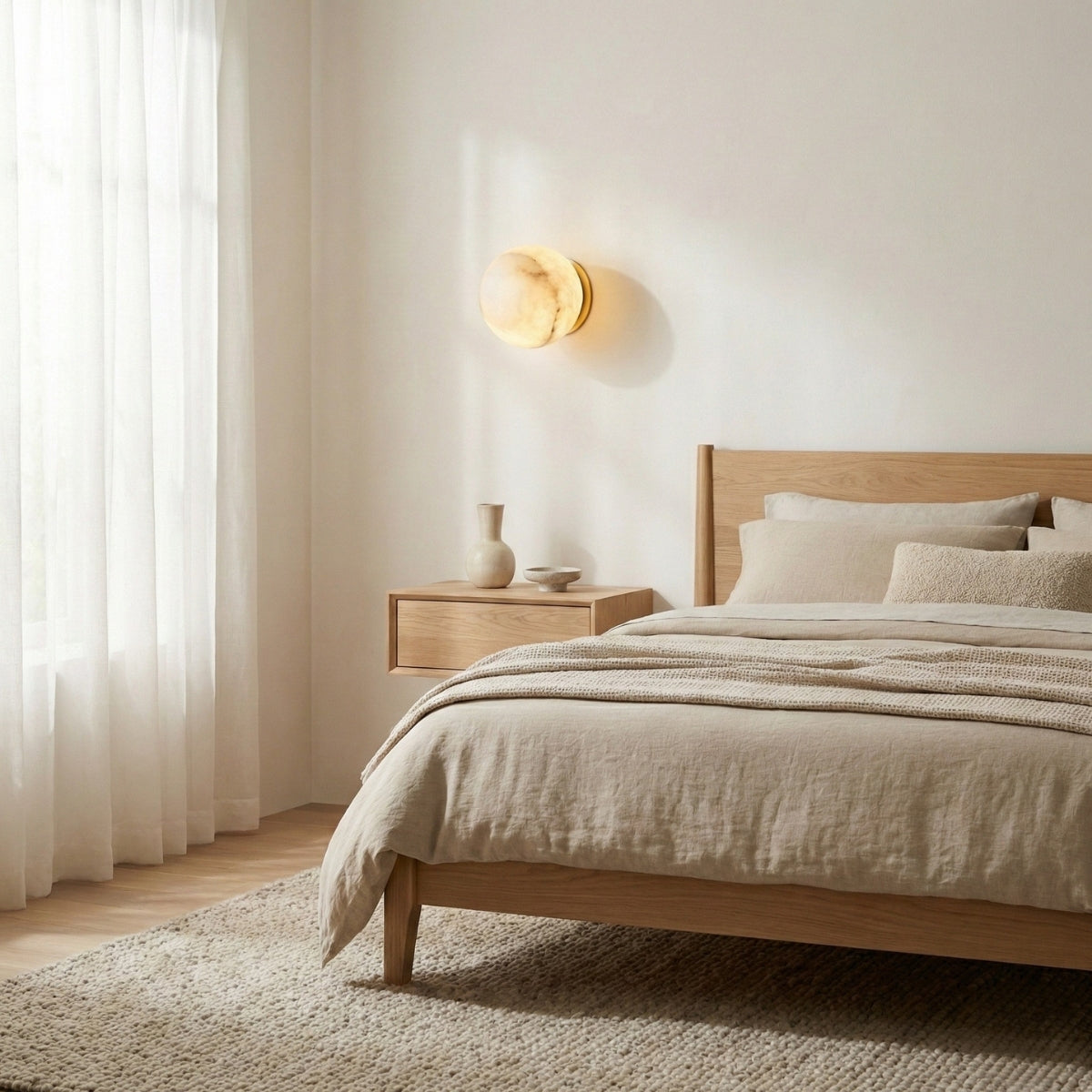 Wall Sconce Round Marble Lamp with Warm Glow and Slim Profile for Hallway