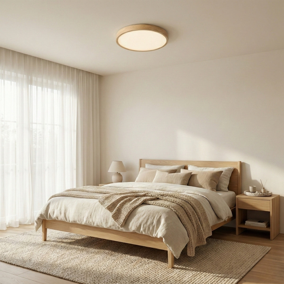 Ceiling Light Round Scandinavian Wood Flush Mount with 3 Colour Modes
