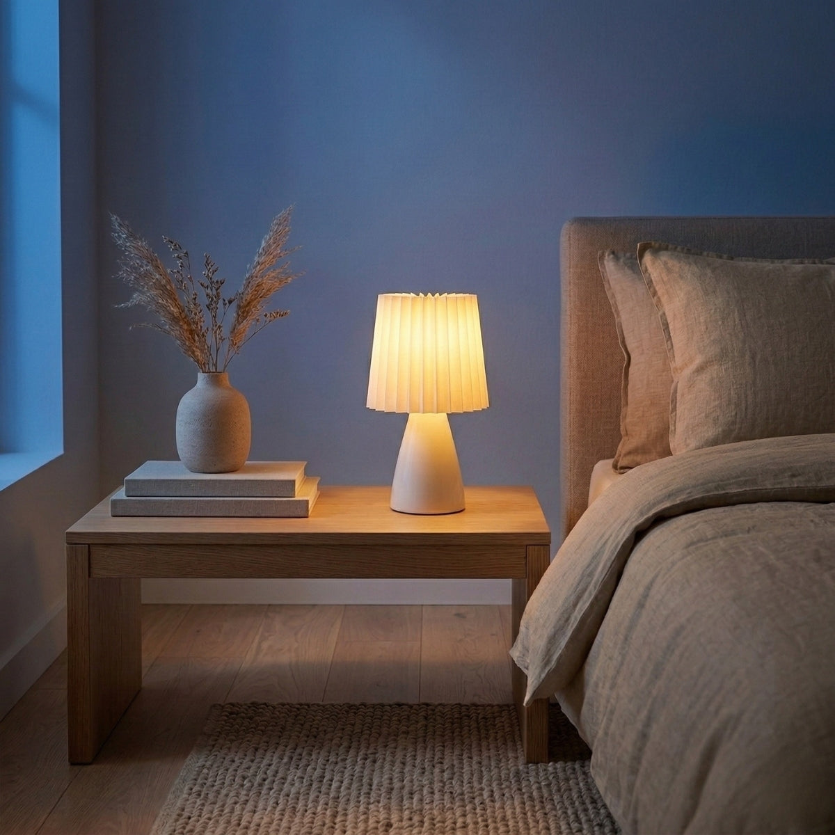Table Lamp Ceramic Pleated Shade Scandinavian Design with 3 Colour Light Modes