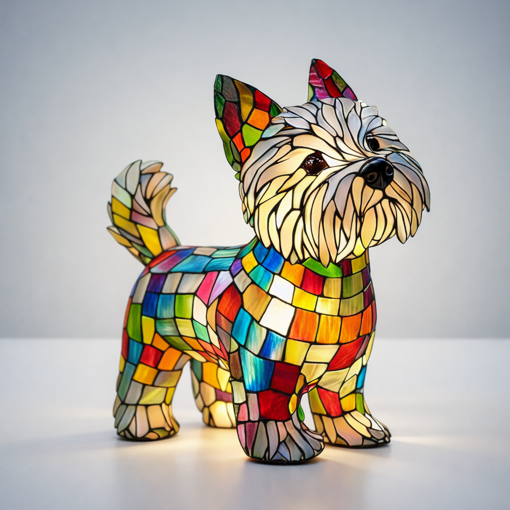 Table Lamp Stained Glass Dog LED Night Light in Resin with Warm Decorative Glow