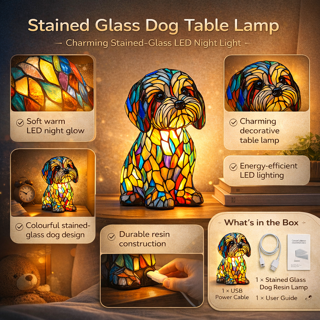 Table Lamp Stained Glass Dog LED Night Light in Resin with Warm Decorative Glow