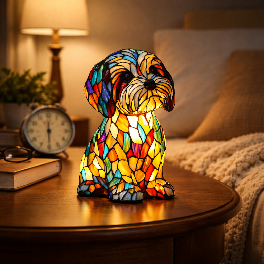 Table Lamp Stained Glass Dog LED Night Light in Resin with Warm Decorative Glow