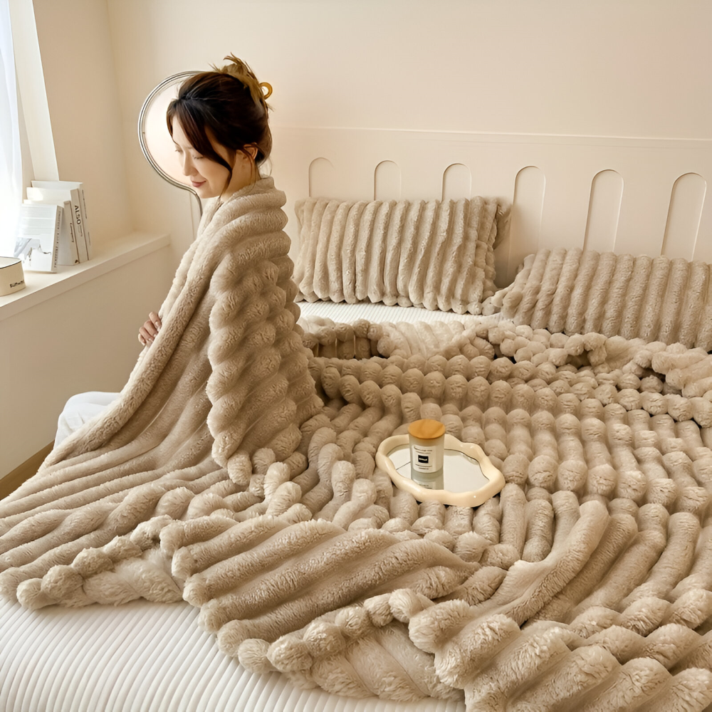 Throw Blanket Fleece Ultra Soft with Elastic Stripe Texture for Sofa Bed and Travel