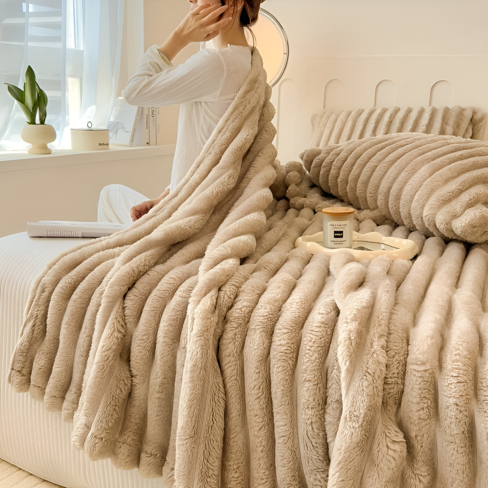 Throw Blanket Fleece Ultra Soft with Elastic Stripe Texture for Sofa Bed and Travel