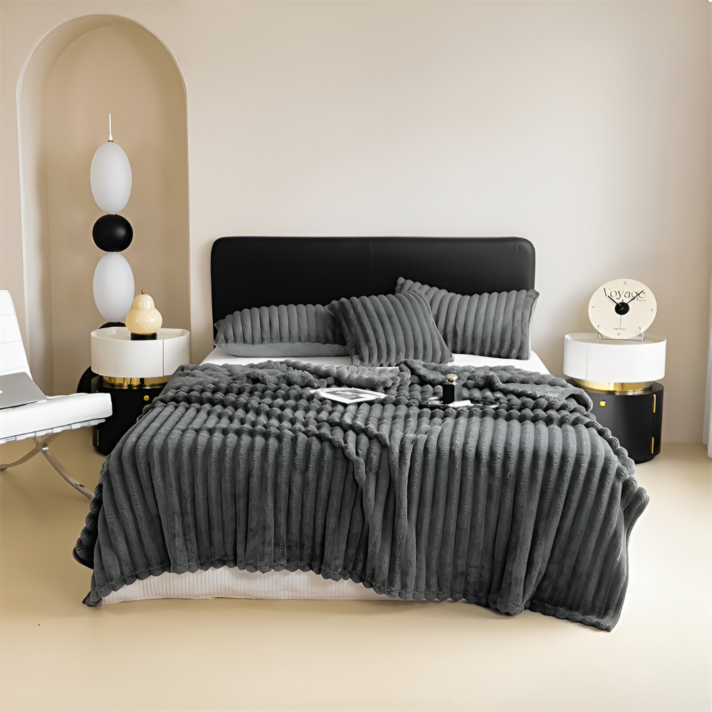 Throw Blanket Fleece Ultra Soft with Elastic Stripe Texture for Sofa Bed and Travel