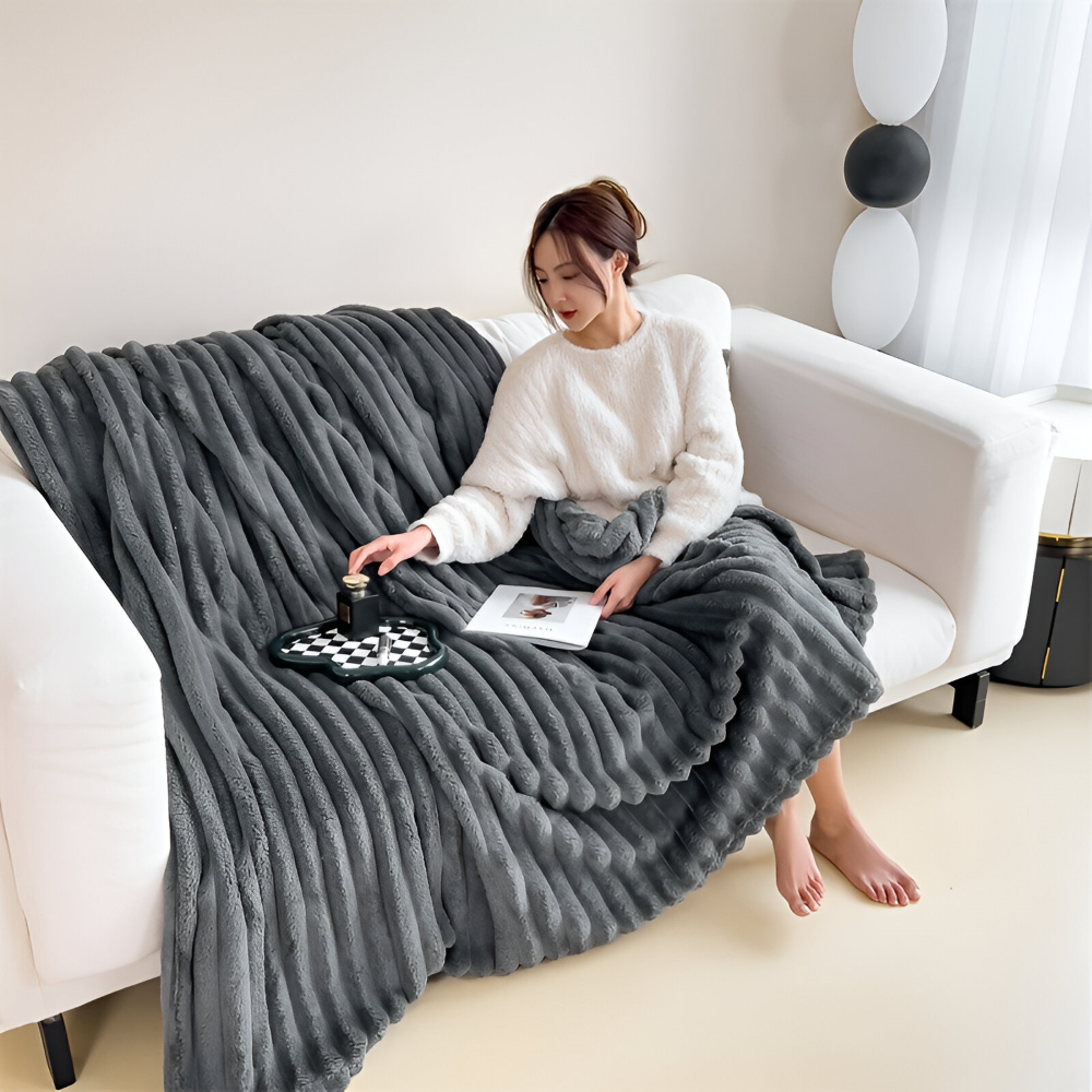 Throw Blanket Fleece Ultra Soft with Elastic Stripe Texture for Sofa Bed and Travel